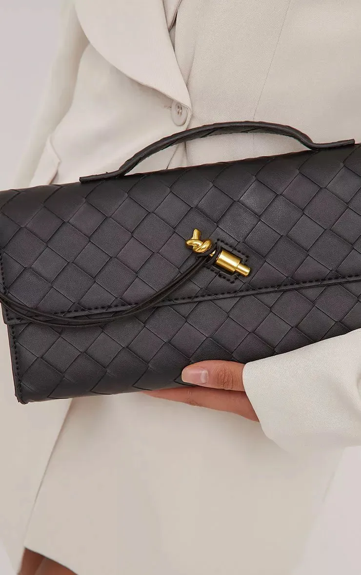 Tori Black Faux Leather Woven Clutch