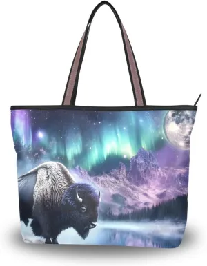 Tote Bag for Women Bison Aurora Moon Durable Designer Handbag with Zipper for Daily Use Travel L