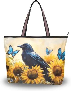 Tote Bag for Women Crow Sunflower Butterfly Durable Designer Handbag with Zipper for Daily Use Travel L