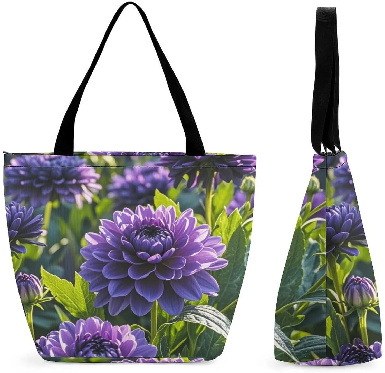 Tote Bag for Women Grocery Bag Purple Flower Foldable Shopping Bags Reusable Large Tote Bag