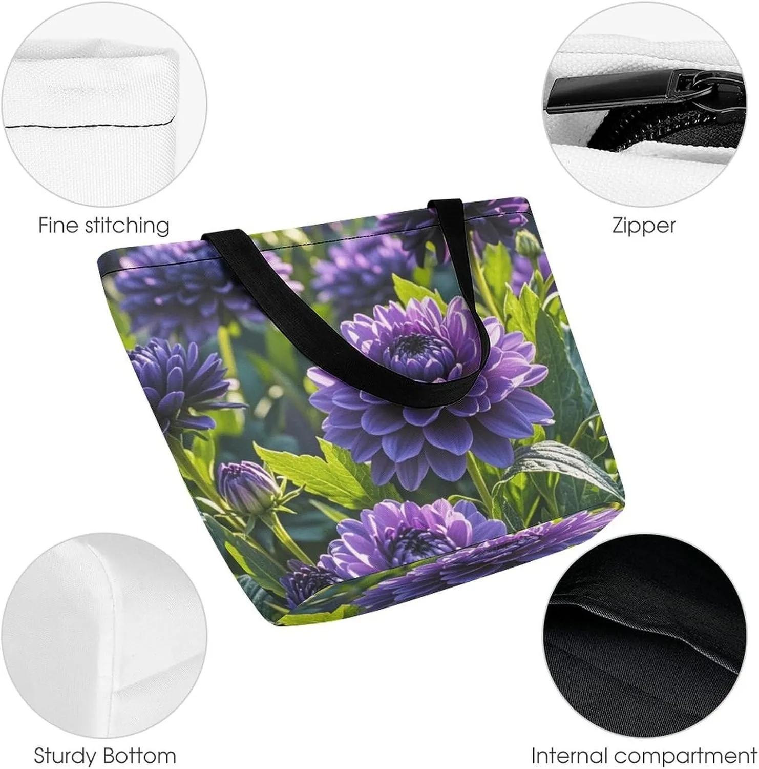 Tote Bag for Women Grocery Bag Purple Flower Foldable Shopping Bags Reusable Large Tote Bag