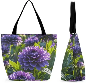 Tote Bag for Women Grocery Bag Purple Flower Foldable Shopping Bags Reusable Large Tote Bag