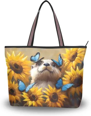 Tote Bag for Women Otter Sunflower Cute Durable Designer Handbag with Zipper for Daily Use Travel L