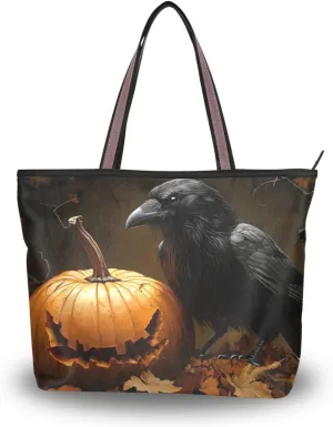 Tote Bag for Women Pumpkin Raven Gothic Durable Designer Handbag with Zipper for Daily Use Travel L