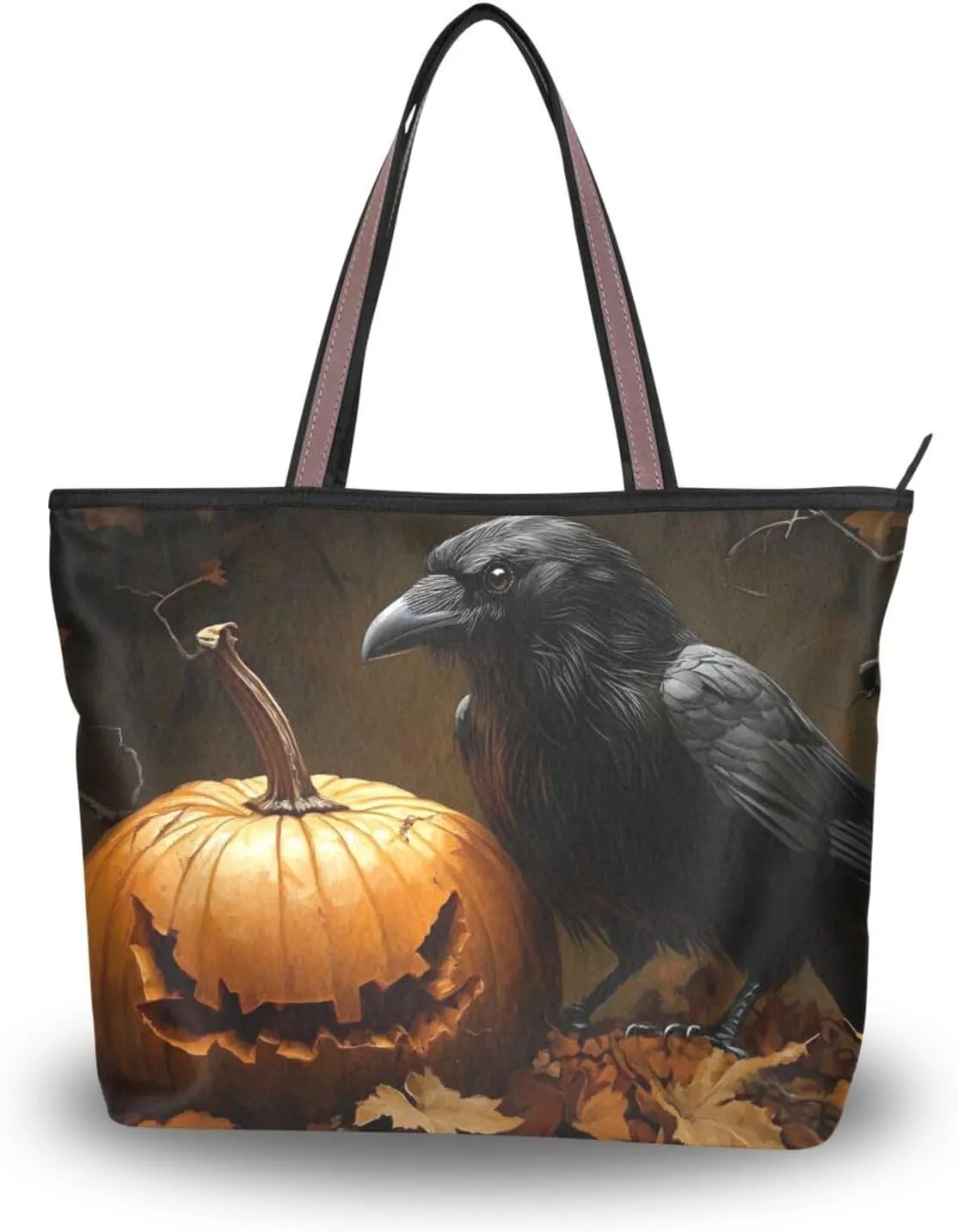 Tote Bag for Women Pumpkin Raven Gothic Durable Designer Handbag with Zipper for Daily Use Travel L