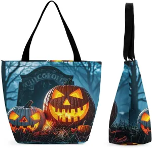 Tote Bag for Women Reusable Grocery Bags Shopping Bags Pumpkin Lanterns Illuminate Handbag Casual Shoulder Bag