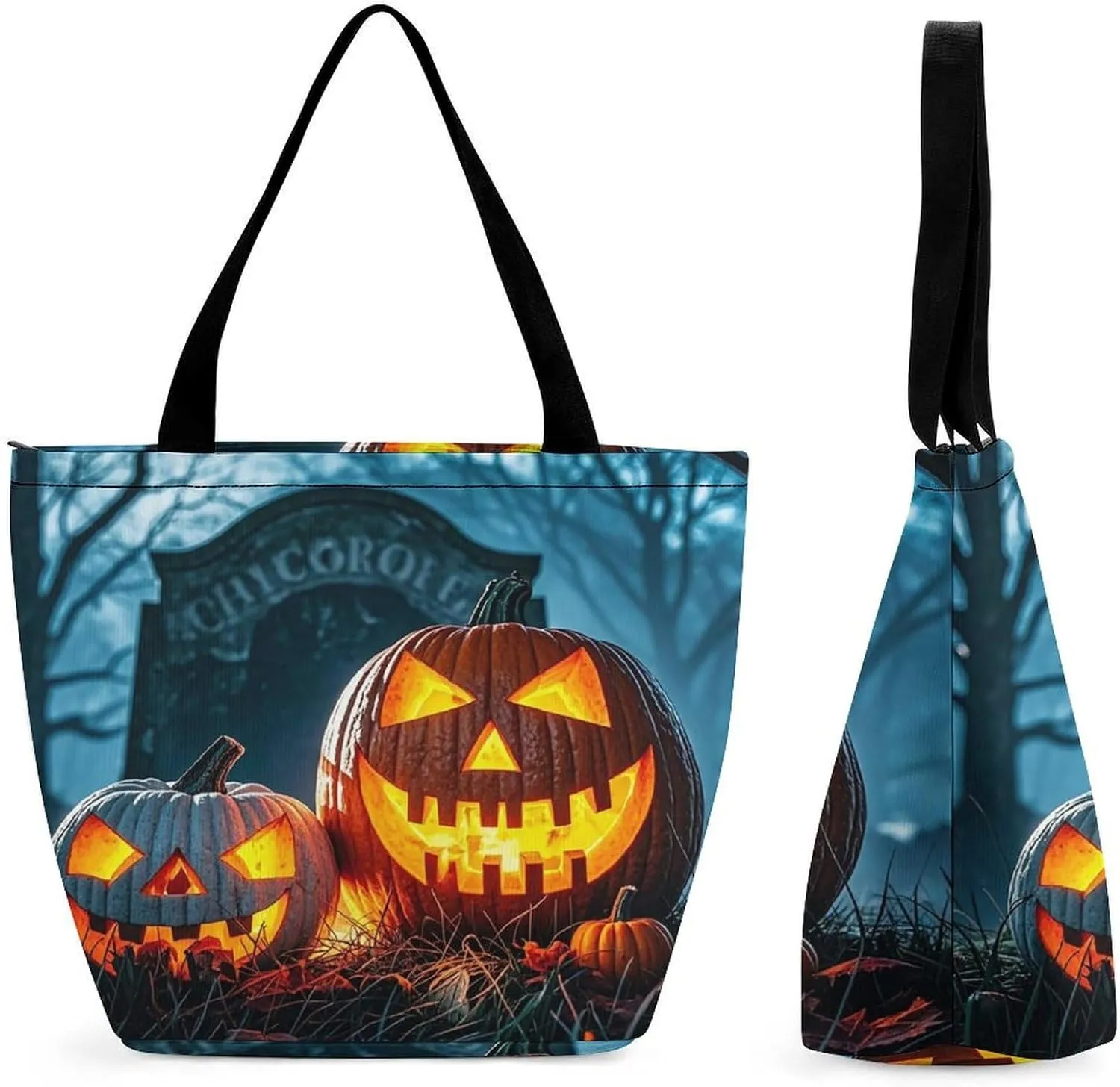 Tote Bag for Women Reusable Grocery Bags Shopping Bags Pumpkin Lanterns Illuminate Handbag Casual Shoulder Bag