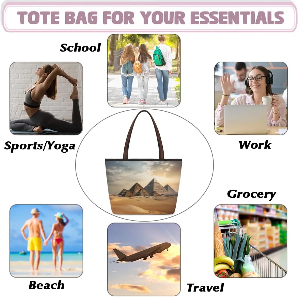 Tote Bag for Women with Zipper Large Capacity Top Handle Casual Shoulder Bag Handbag Reusable Shopping