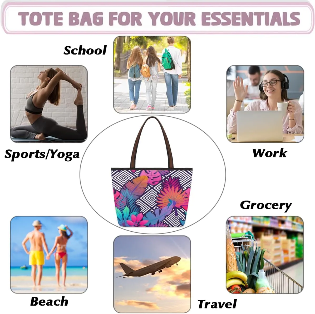 Tote Bag for Women with Zipper Large Capacity Top Handle Casual Shoulder Bag Handbag Reusable Shopping