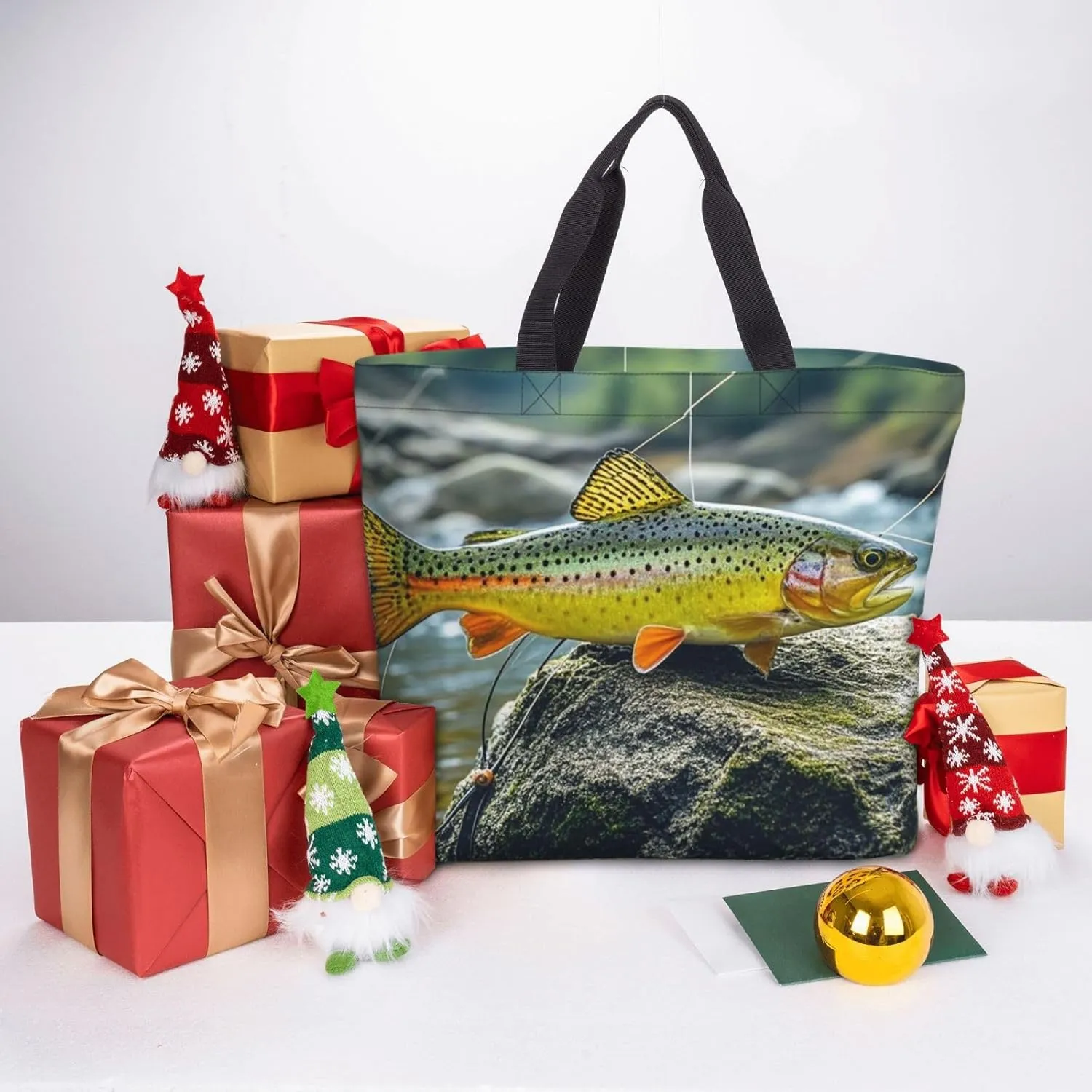 Tote Bag Large Capacity Grocery Bag With Zipper Brook Trout Fly Fishing Shopping Bag Shoulder Bag for Women