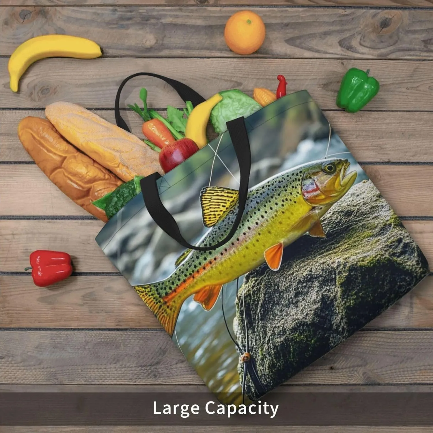 Tote Bag Large Capacity Grocery Bag With Zipper Brook Trout Fly Fishing Shopping Bag Shoulder Bag for Women