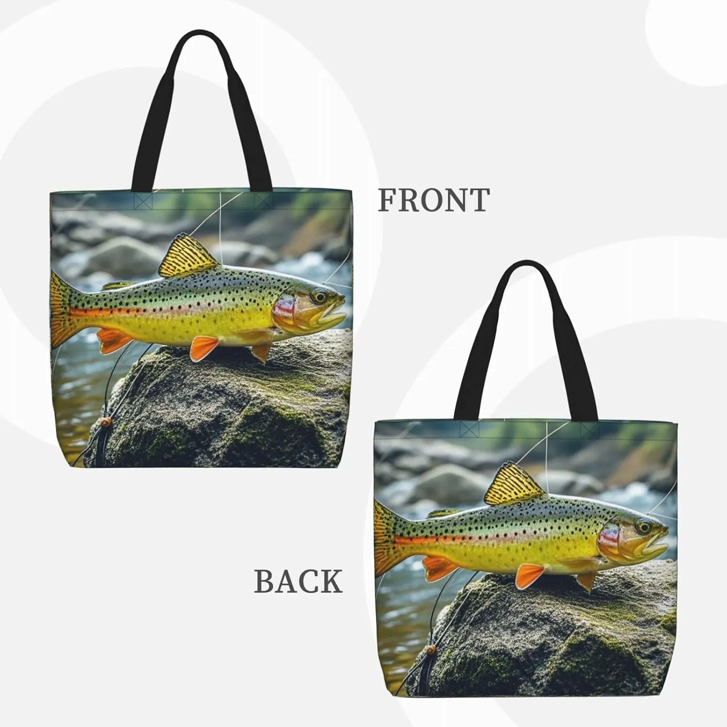 Tote Bag Large Capacity Grocery Bag With Zipper Brook Trout Fly Fishing Shopping Bag Shoulder Bag for Women