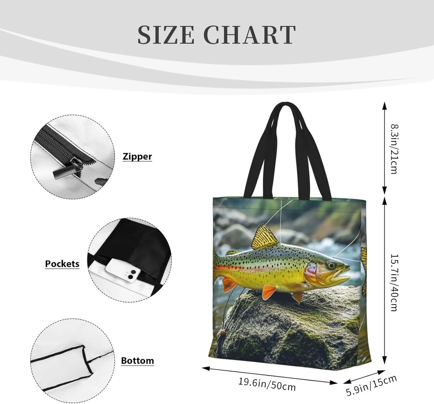 Tote Bag Large Capacity Grocery Bag With Zipper Brook Trout Fly Fishing Shopping Bag Shoulder Bag for Women