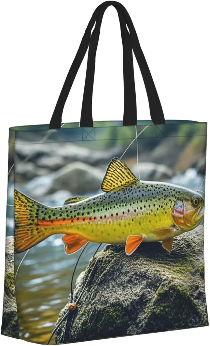 Tote Bag Large Capacity Grocery Bag With Zipper Brook Trout Fly Fishing Shopping Bag Shoulder Bag for Women