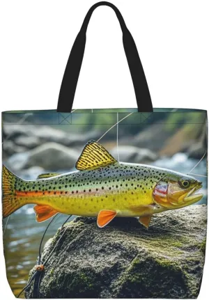 Tote Bag Large Capacity Grocery Bag With Zipper Brook Trout Fly Fishing Shopping Bag Shoulder Bag for Women