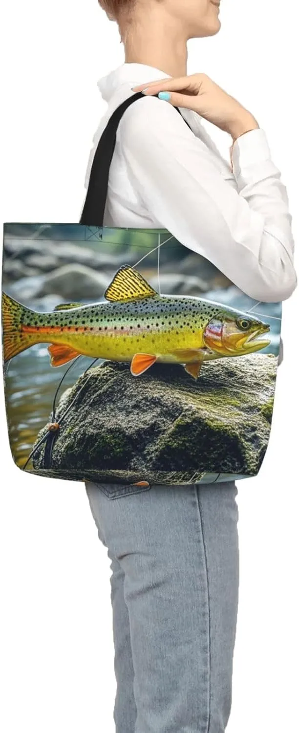 Tote Bag Large Capacity Grocery Bag With Zipper Brook Trout Fly Fishing Shopping Bag Shoulder Bag for Women