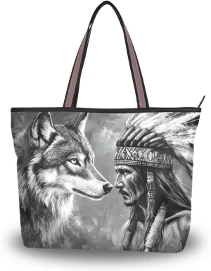 Tote Bag Wolf Chief Black White for Women Durable Designer Handbag with Zipper for Daily Use L