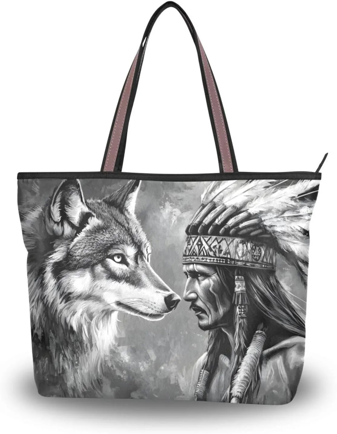 Tote Bag Wolf Chief Black White for Women Durable Designer Handbag with Zipper for Daily Use L