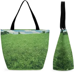 Tote Bags for Women Green Lawn Versatile Shoulder Bag with Zipper Large Capacity Handbag Beach Bag Reusable Grocery Bag for Shopping Travel Commuting