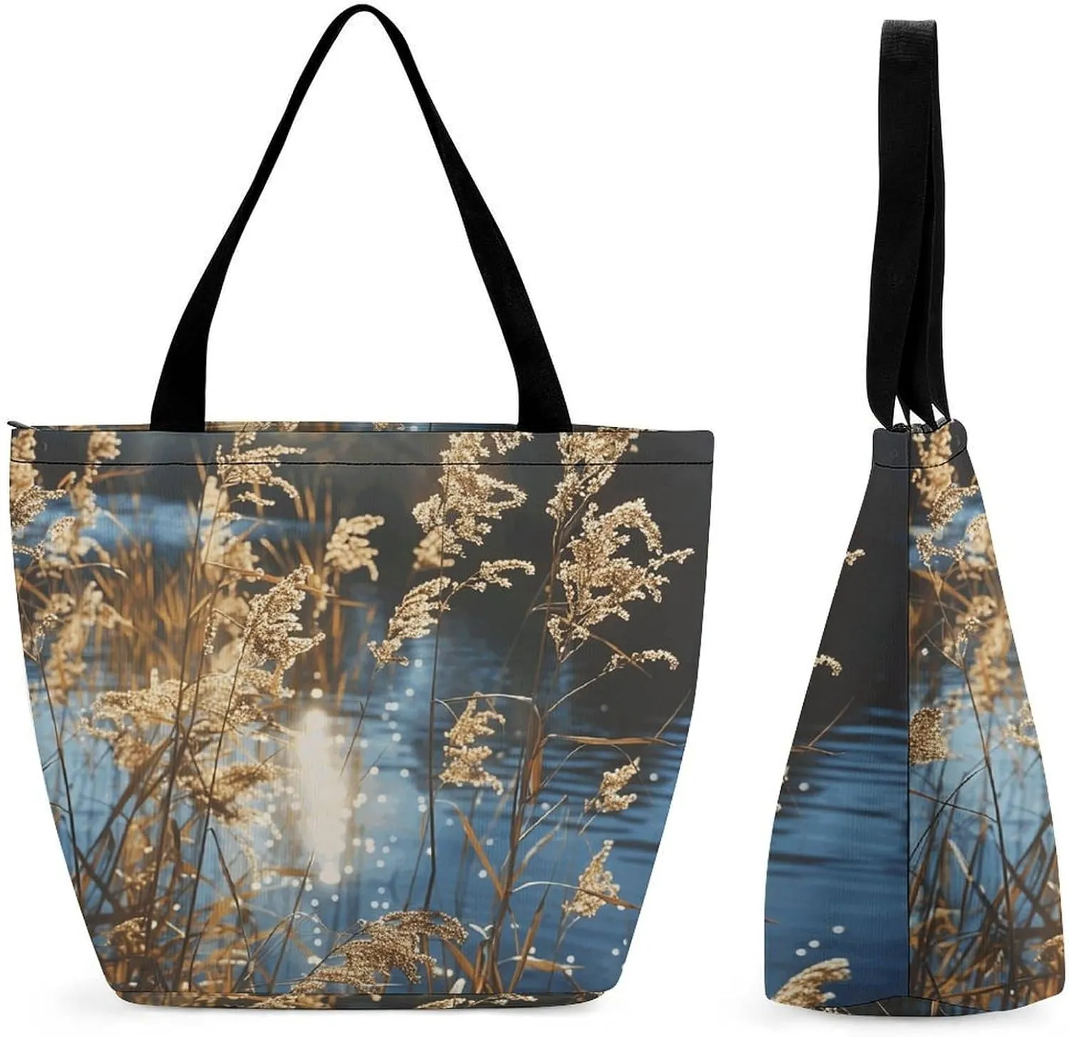 Tote Bags for Women Reeds on The Water Versatile Shoulder Bag with Zipper Large Capacity Handbag Beach Bag Reusable Grocery Bag for Shopping Travel Commuting
