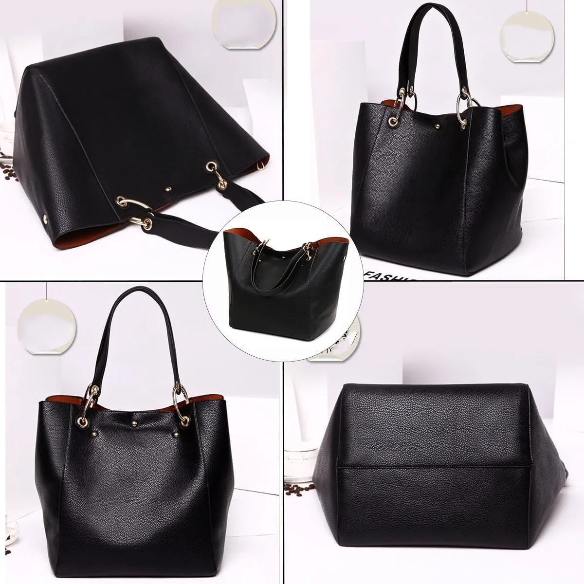 Tote Handbag for Women Large Capacity Work PU Leather Bucket Purse Designer Satchel Hobo Shoulder Bag, Gold