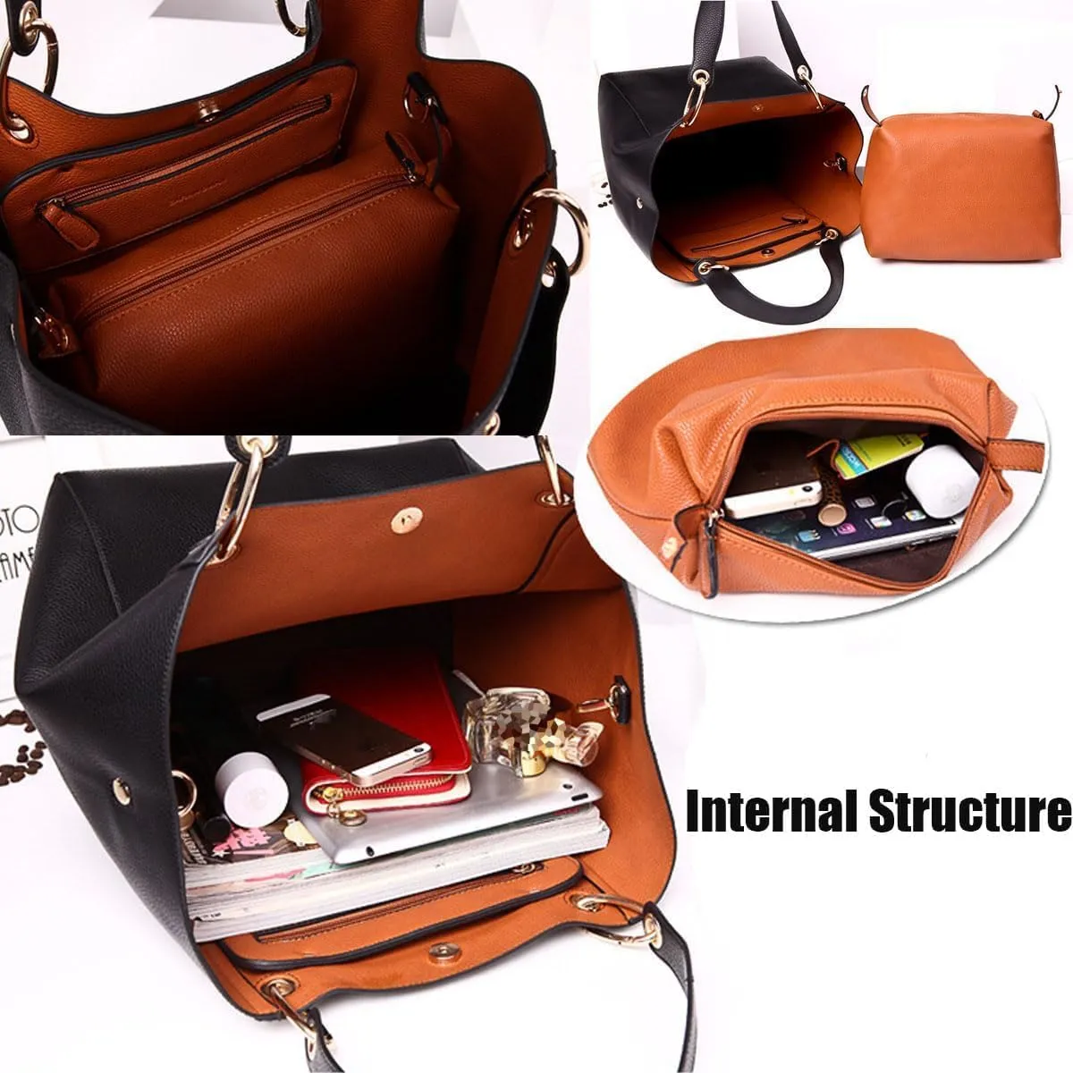 Tote Handbag for Women Large Capacity Work PU Leather Bucket Purse Designer Satchel Hobo Shoulder Bag, Gold