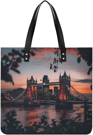 Tower Bridge The Sunset London England UK Leather Tote Bag for Women Men Shoulder Bag Casual Handbag Work Bag 39x39cm