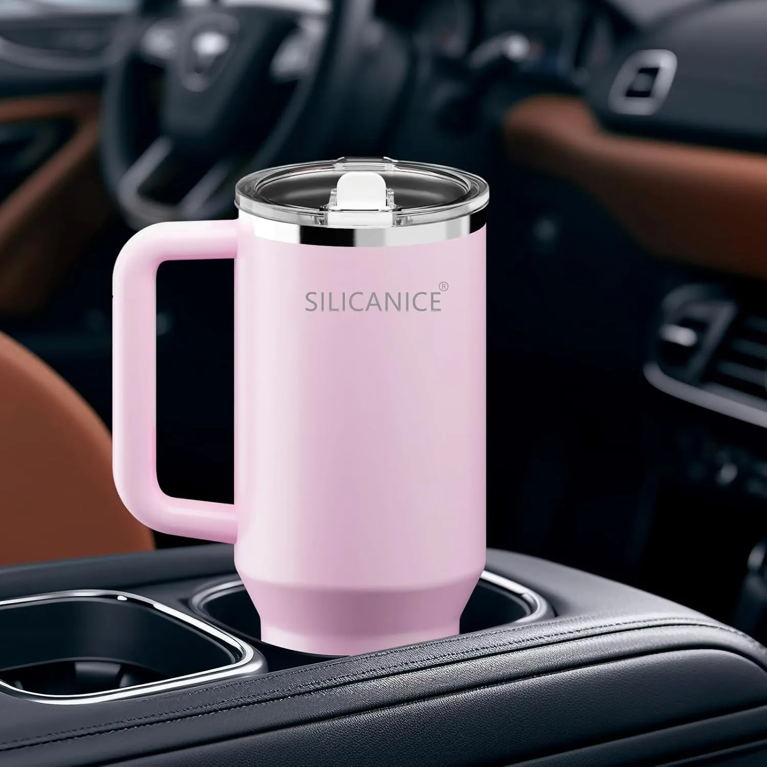 Travel 40oz Water Bottle, Insulated Water Bottle with Detachable Flip Straw for Easy Cleaning, Fits in Cup Holder, 100% Leakproof Tumbler-Reusable, Stainless Steel, Gifts for Women/Men-Pink