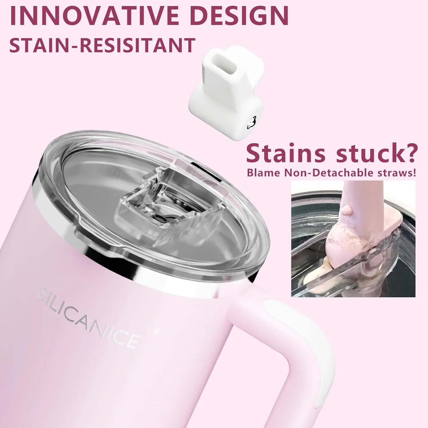 Travel 40oz Water Bottle, Insulated Water Bottle with Detachable Flip Straw for Easy Cleaning, Fits in Cup Holder, 100% Leakproof Tumbler-Reusable, Stainless Steel, Gifts for Women/Men-Pink