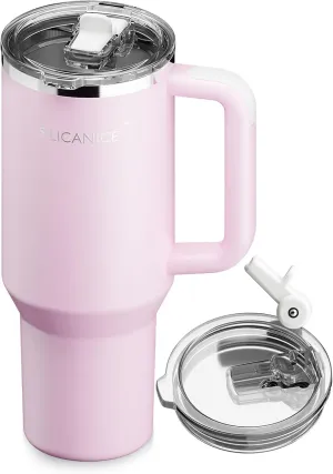 Travel 40oz Water Bottle, Insulated Water Bottle with Detachable Flip Straw for Easy Cleaning, Fits in Cup Holder, 100% Leakproof Tumbler-Reusable, Stainless Steel, Gifts for Women/Men-Pink