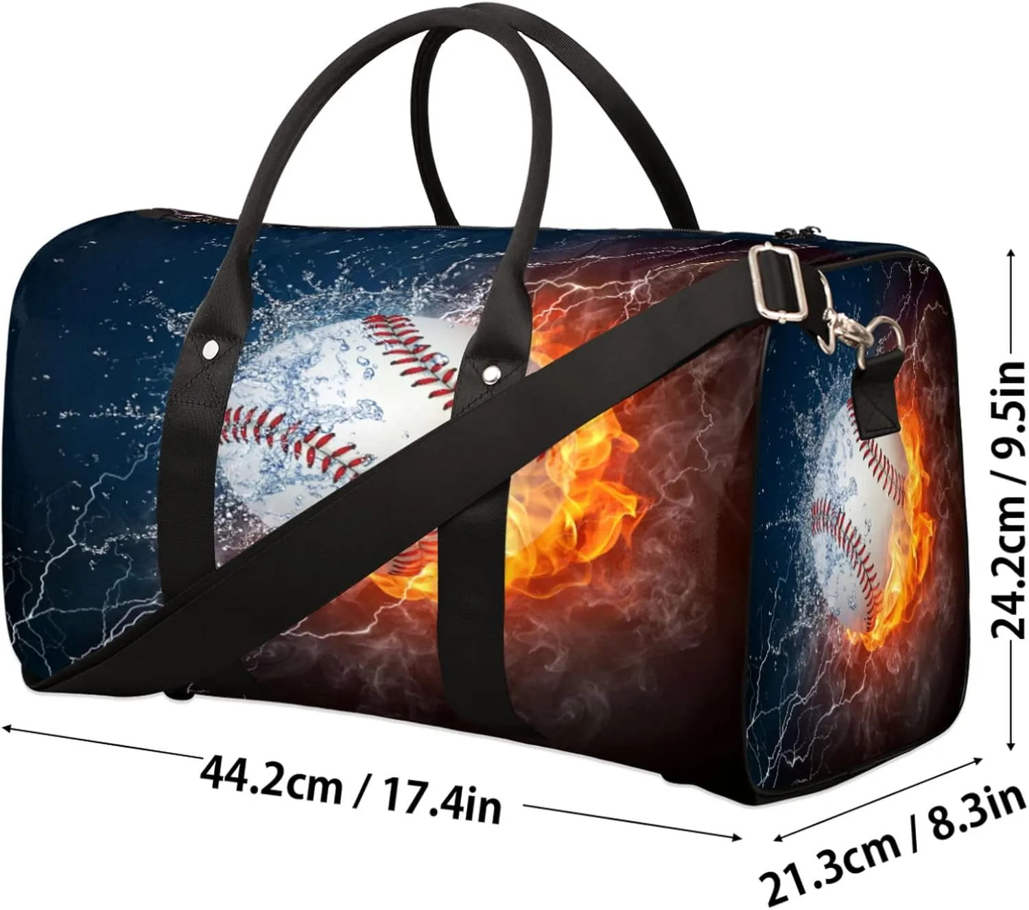 Travel Duffel Bag Fire Water Baseball Sport Tote Gym Bag Waterproof Foldable Carryon Weekend Overnight Training Handbag Sports Duffle Bags for Women Men Boys Girls