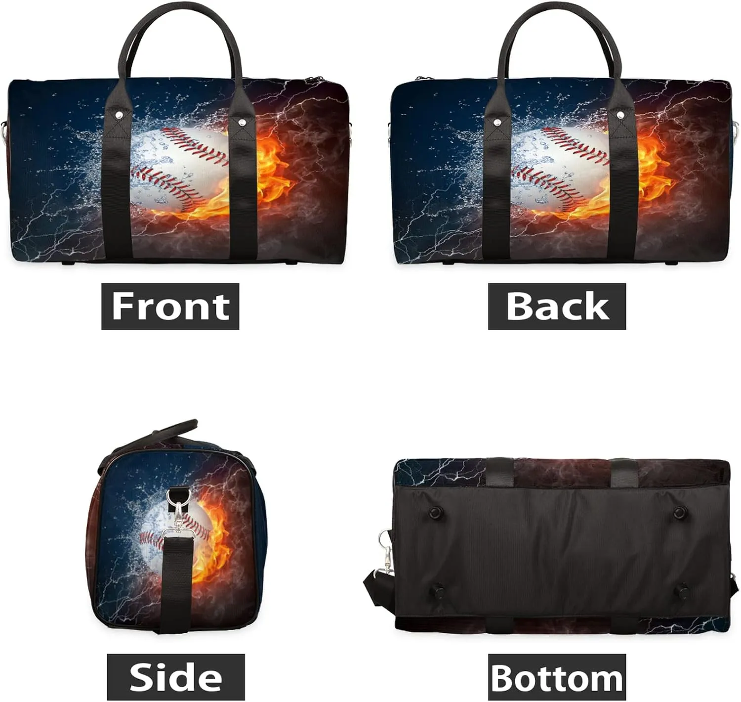 Travel Duffel Bag Fire Water Baseball Sport Tote Gym Bag Waterproof Foldable Carryon Weekend Overnight Training Handbag Sports Duffle Bags for Women Men Boys Girls