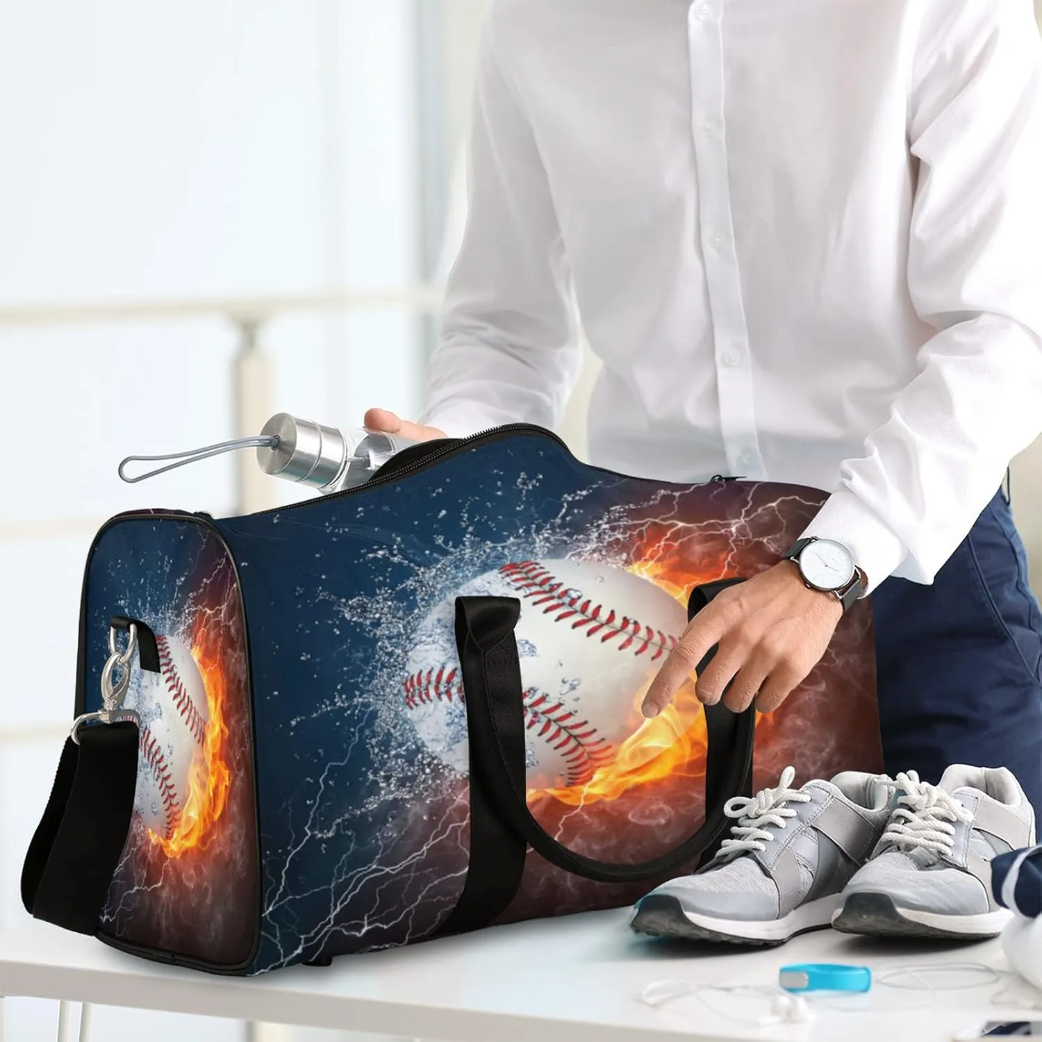 Travel Duffel Bag Fire Water Baseball Sport Tote Gym Bag Waterproof Foldable Carryon Weekend Overnight Training Handbag Sports Duffle Bags for Women Men Boys Girls