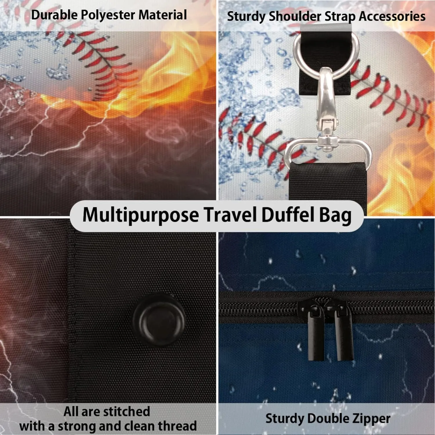 Travel Duffel Bag Fire Water Baseball Sport Tote Gym Bag Waterproof Foldable Carryon Weekend Overnight Training Handbag Sports Duffle Bags for Women Men Boys Girls