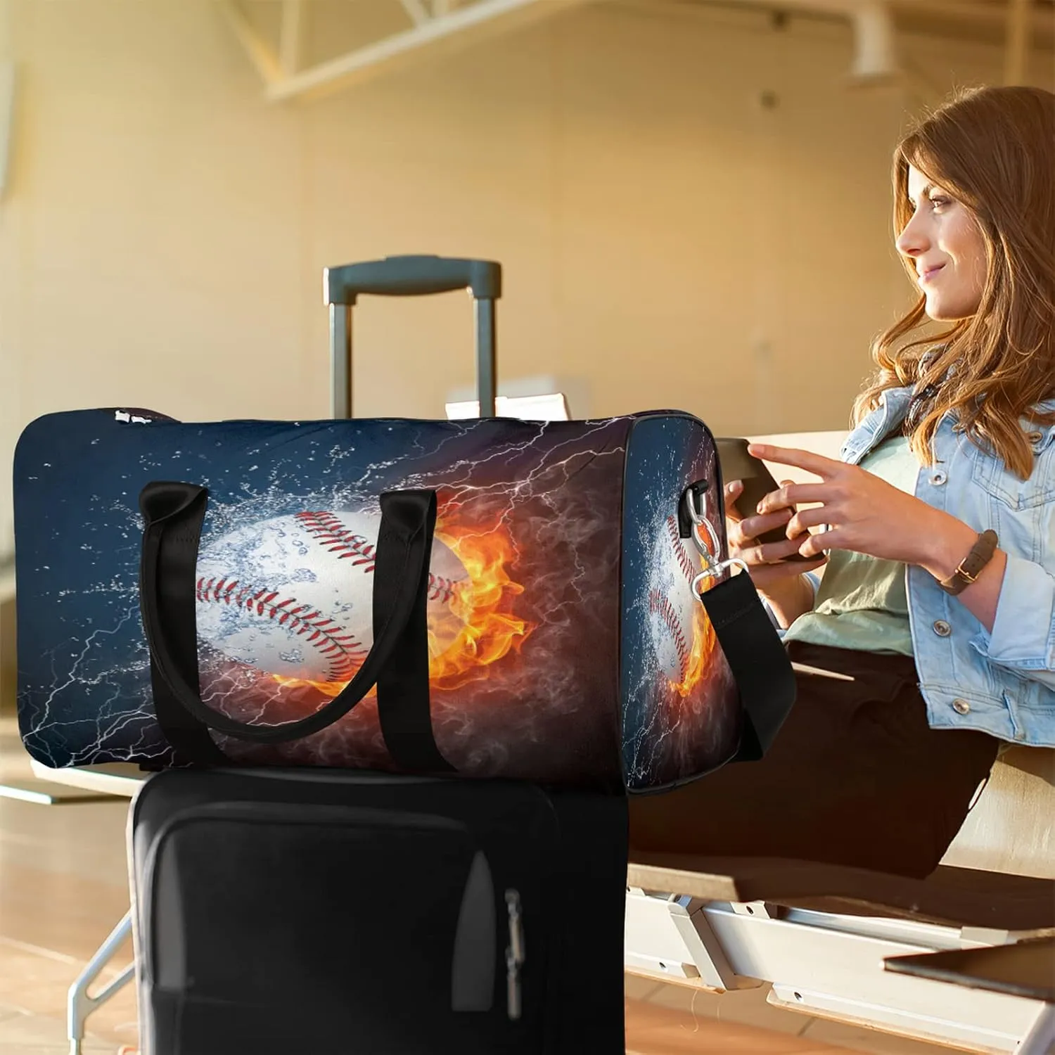 Travel Duffel Bag Fire Water Baseball Sport Tote Gym Bag Waterproof Foldable Carryon Weekend Overnight Training Handbag Sports Duffle Bags for Women Men Boys Girls