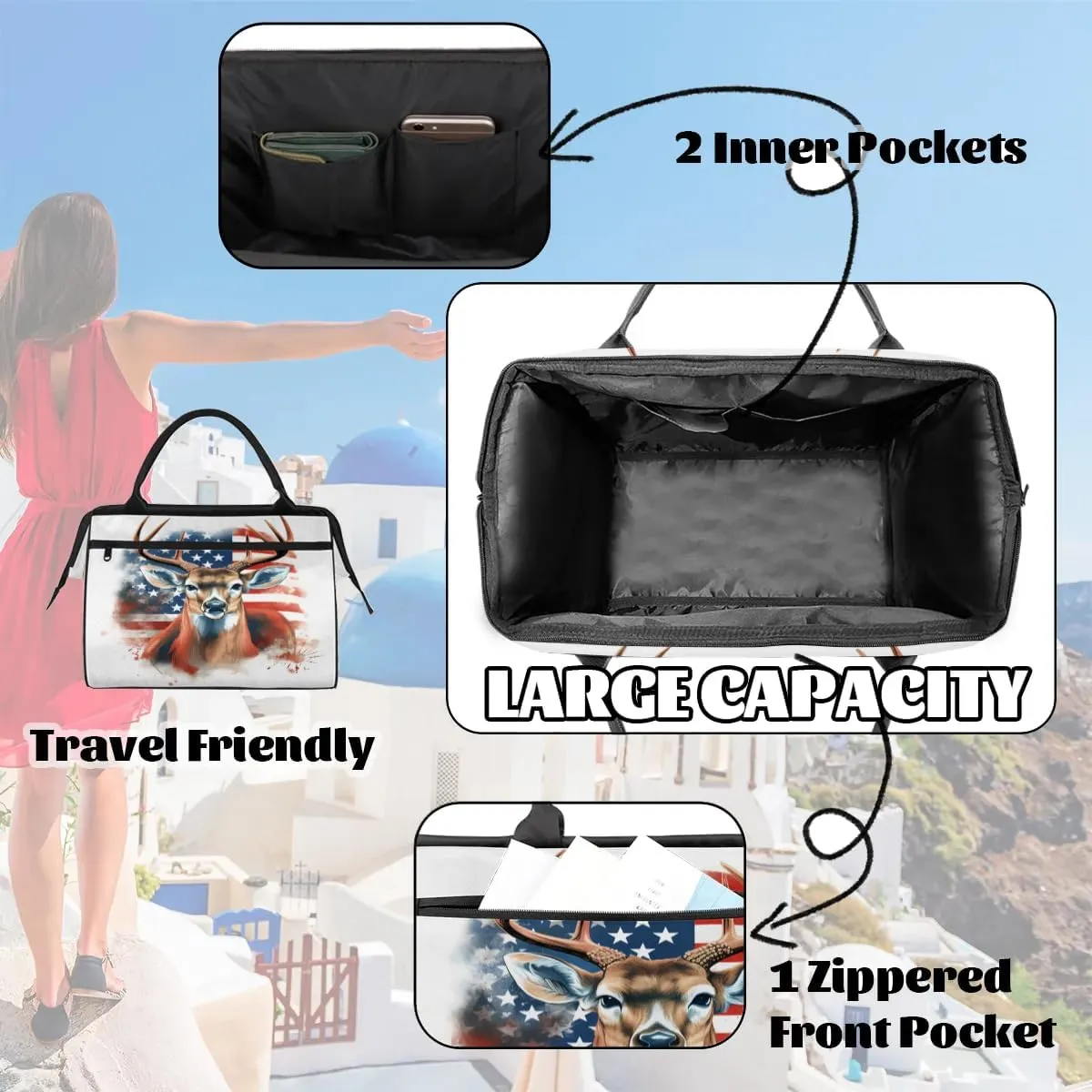 Travel Duffel Bag for Women, American Flag Deer Weekender Overnight Bag Carry on Beach Swim Bags Dance Bag Airlines Approved Personal Item Travel Bag for Yoga, Sports, Hospital