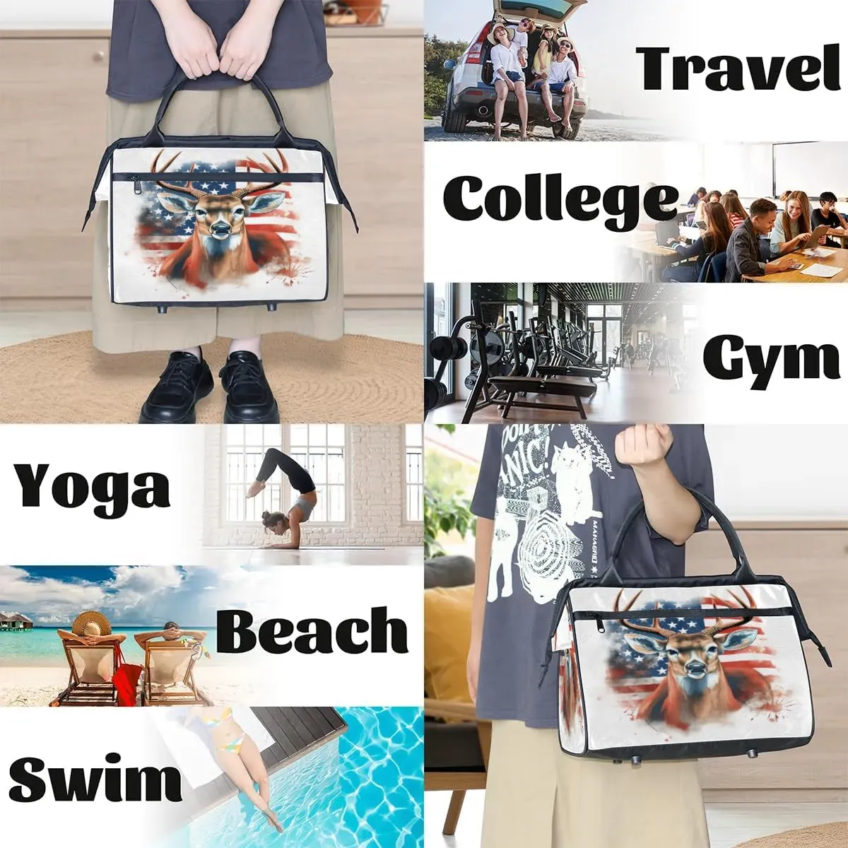 Travel Duffel Bag for Women, American Flag Deer Weekender Overnight Bag Carry on Beach Swim Bags Dance Bag Airlines Approved Personal Item Travel Bag for Yoga, Sports, Hospital