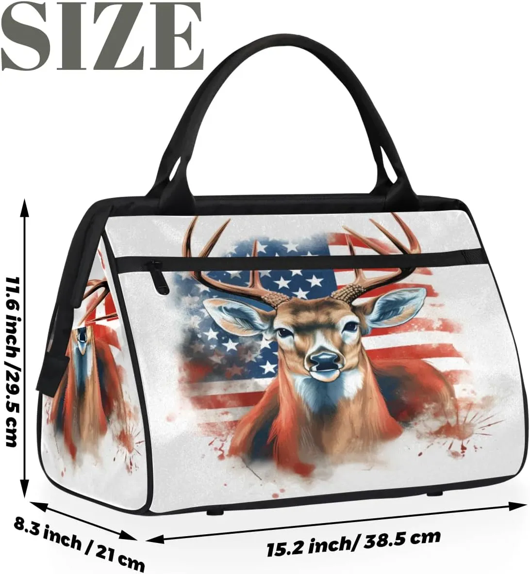 Travel Duffel Bag for Women, American Flag Deer Weekender Overnight Bag Carry on Beach Swim Bags Dance Bag Airlines Approved Personal Item Travel Bag for Yoga, Sports, Hospital