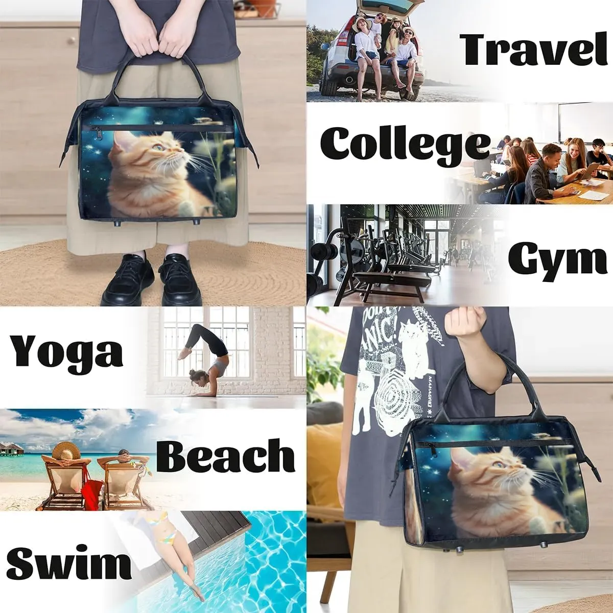 Travel Duffel Bag for Women, Animal Cat Weekender Overnight Bag Carry on Beach Swim Bags Dance Bag Airlines Approved Personal Item Travel Bag for Yoga, Sports, Hospital
