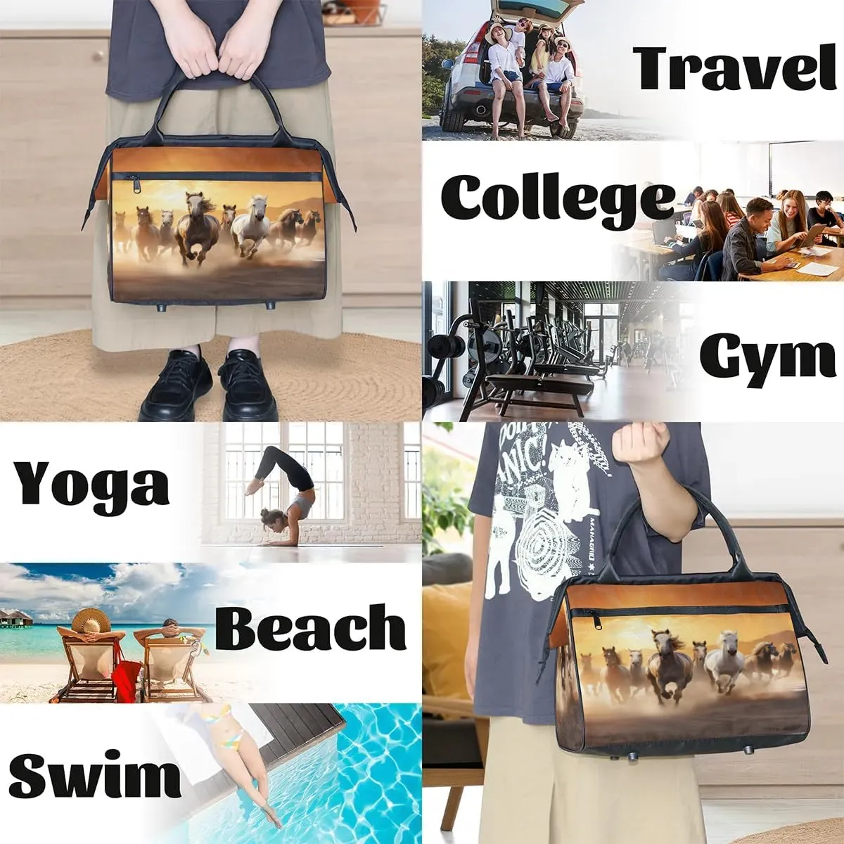 Travel Duffel Bag for Women, Animal Horse Weekender Overnight Bag Carry on Beach Swim Bags Dance Bag Airlines Approved Personal Item Travel Bag for Yoga, Sports, Hospital