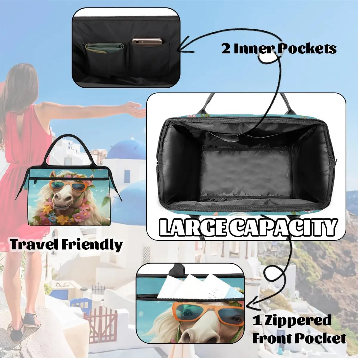 Travel Duffel Bag for Women, Animal Horse Weekender Overnight Bag Carry on Beach Swim Bags Dance Bag Airlines Approved Personal Item Travel Bag for Yoga, Sports, Hospital