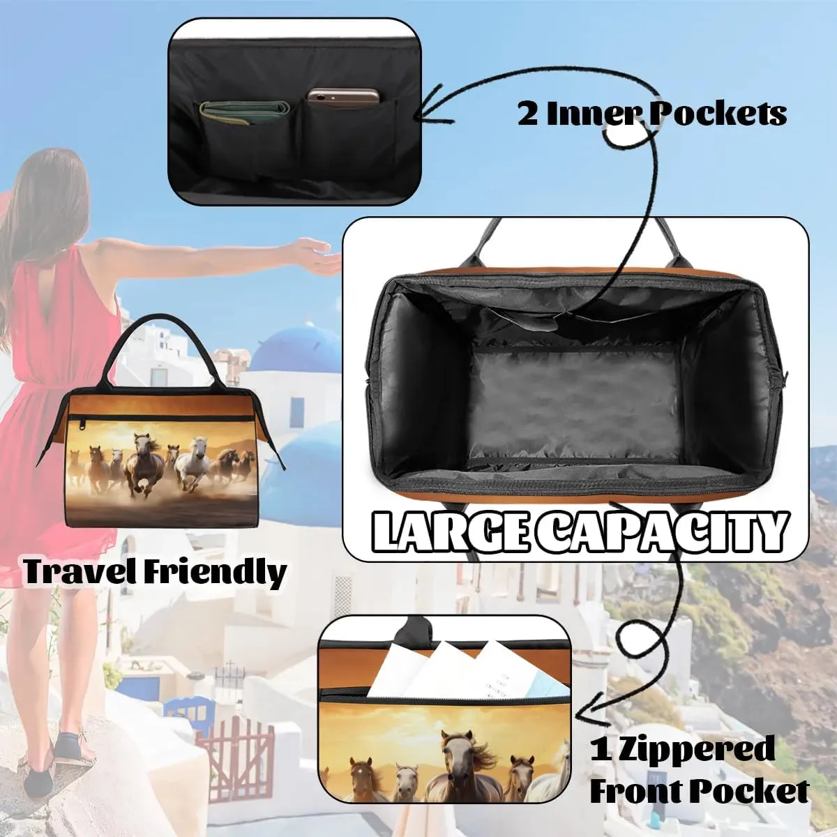 Travel Duffel Bag for Women, Animal Horse Weekender Overnight Bag Carry on Beach Swim Bags Dance Bag Airlines Approved Personal Item Travel Bag for Yoga, Sports, Hospital