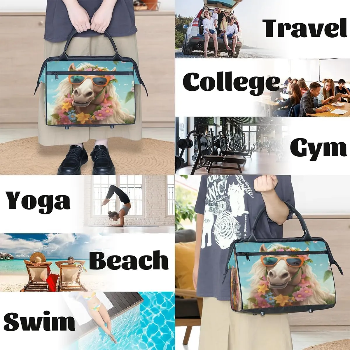 Travel Duffel Bag for Women, Animal Horse Weekender Overnight Bag Carry on Beach Swim Bags Dance Bag Airlines Approved Personal Item Travel Bag for Yoga, Sports, Hospital
