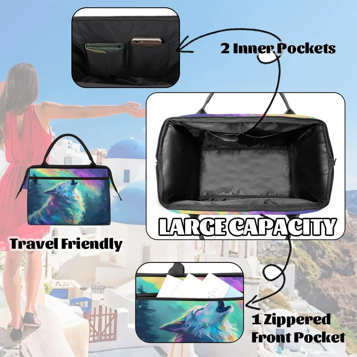 Travel Duffel Bag for Women, Aurora Wolf Animals Weekender Overnight Bag Carry on Beach Swim Bags Dance Bag Airlines Approved Personal Item Travel Bag for Yoga, Sports, Hospital