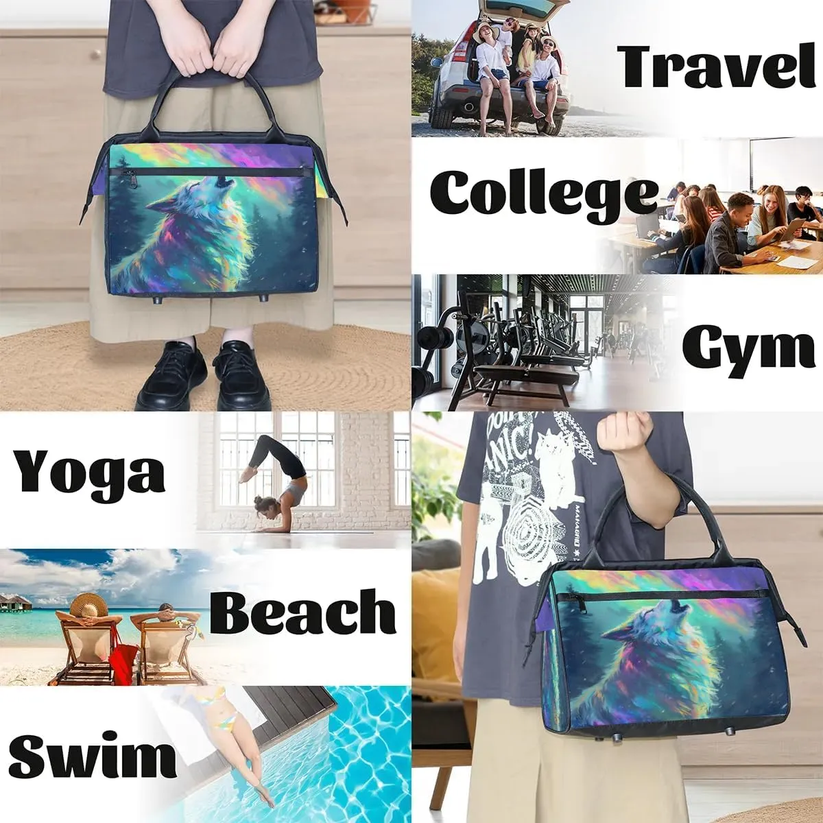Travel Duffel Bag for Women, Aurora Wolf Animals Weekender Overnight Bag Carry on Beach Swim Bags Dance Bag Airlines Approved Personal Item Travel Bag for Yoga, Sports, Hospital