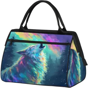 Travel Duffel Bag for Women, Aurora Wolf Animals Weekender Overnight Bag Carry on Beach Swim Bags Dance Bag Airlines Approved Personal Item Travel Bag for Yoga, Sports, Hospital