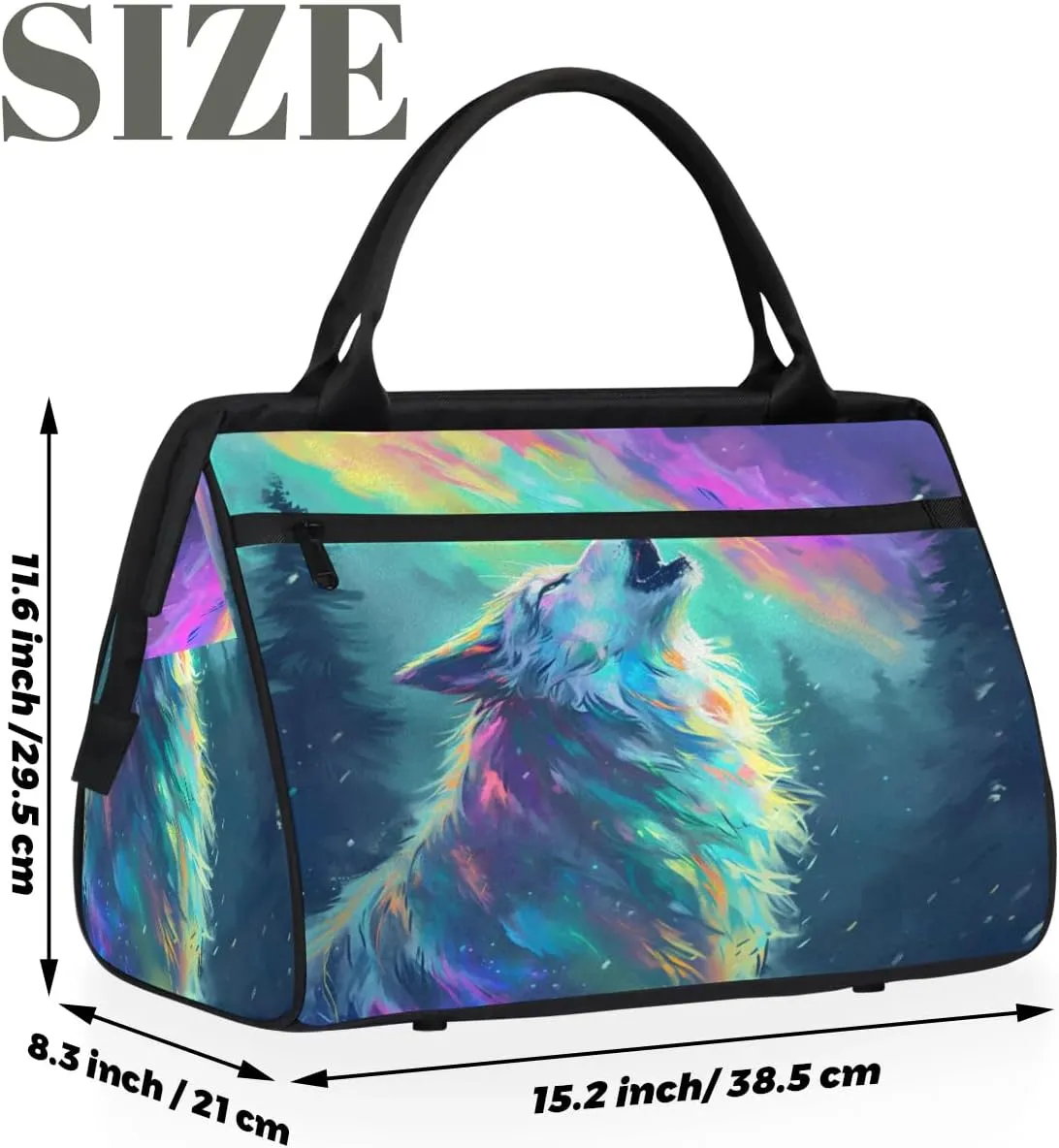 Travel Duffel Bag for Women, Aurora Wolf Animals Weekender Overnight Bag Carry on Beach Swim Bags Dance Bag Airlines Approved Personal Item Travel Bag for Yoga, Sports, Hospital