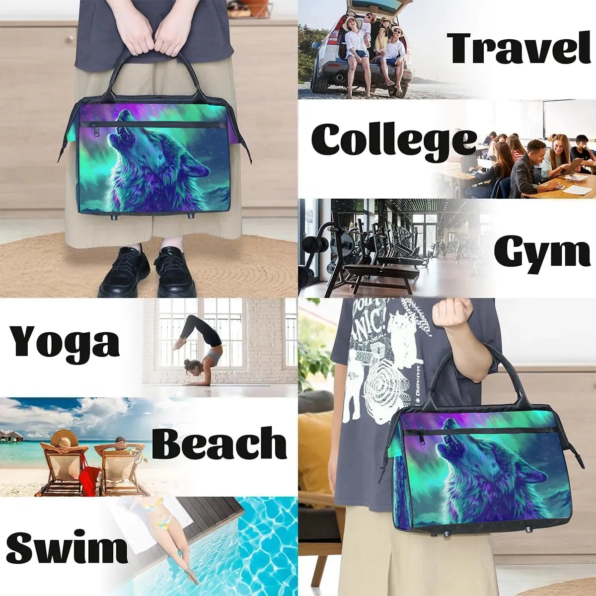 Travel Duffel Bag for Women, Aurora Wolf Weekender Overnight Bag Carry on Beach Swim Bags Dance Bag Airlines Approved Personal Item Travel Bag for Yoga, Sports, Hospital