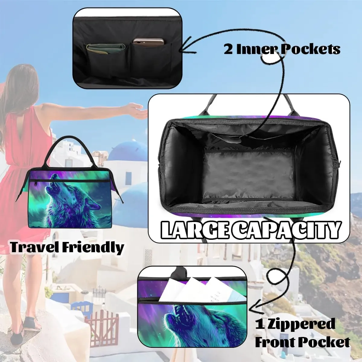 Travel Duffel Bag for Women, Aurora Wolf Weekender Overnight Bag Carry on Beach Swim Bags Dance Bag Airlines Approved Personal Item Travel Bag for Yoga, Sports, Hospital