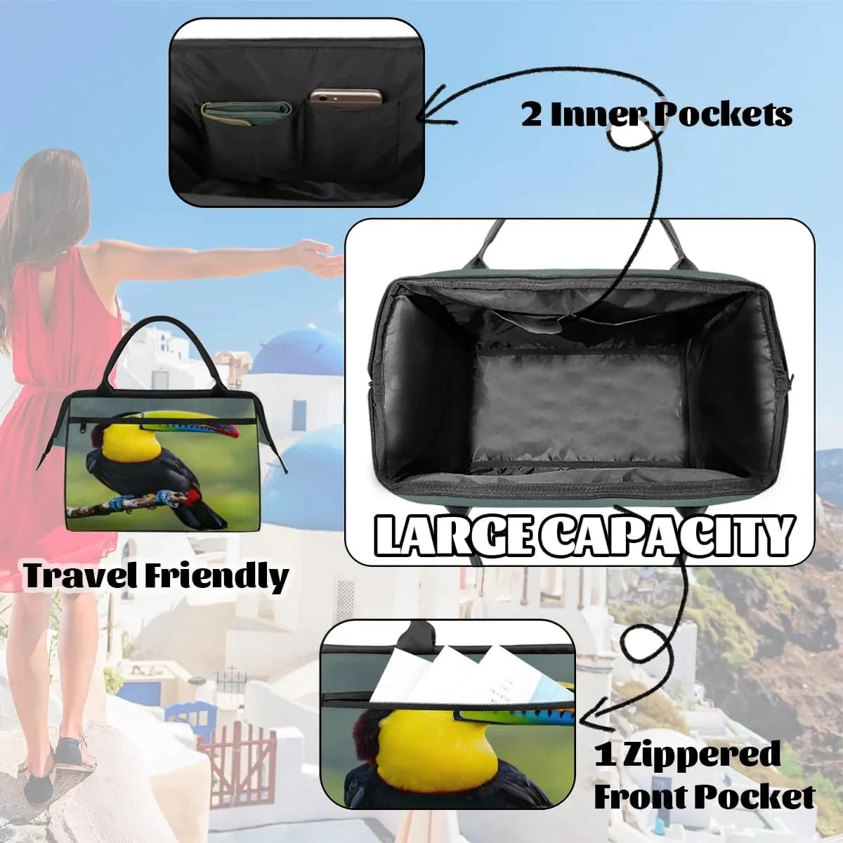 Travel Duffel Bag for Women, Beautiful Toucan Weekender Overnight Bag Carry on Beach Swim Bags Dance Bag Airlines Approved Personal Item Travel Bag for Yoga, Sports, Hospital